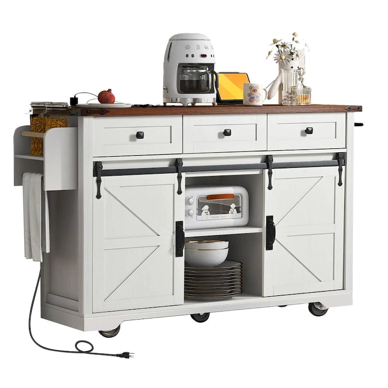 Kitchen Island with Power Outlet Sliding Barn Doors Drop Leaf Rolling Cart on Wheels