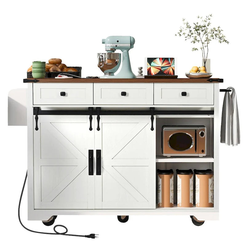 Kitchen Island with Power Outlet Sliding Barn Doors Drop Leaf Rolling Cart on Wheels