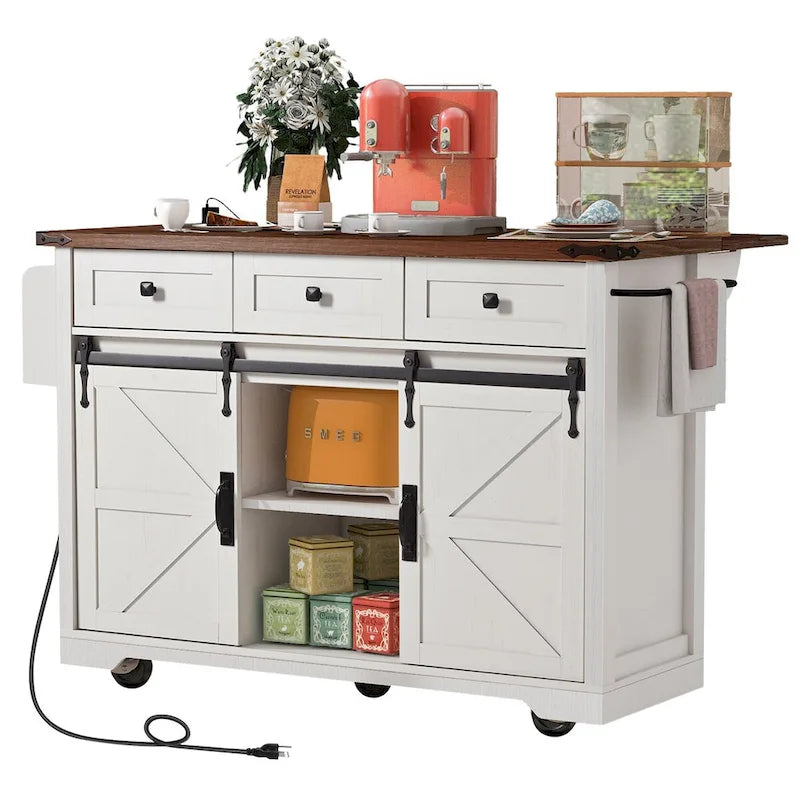 Kitchen Island with Power Outlet Sliding Barn Doors Drop Leaf Rolling Cart on Wheels